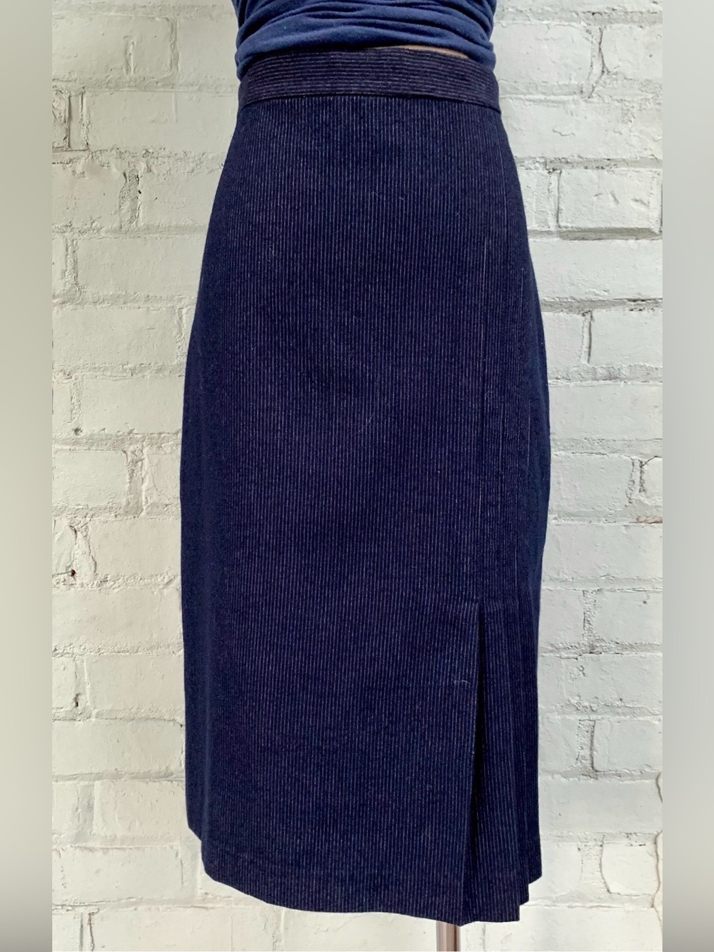 Navy Midi Pencil Skirt with Pleated Hem Detail and Pinstripes - Picture 7 of 8